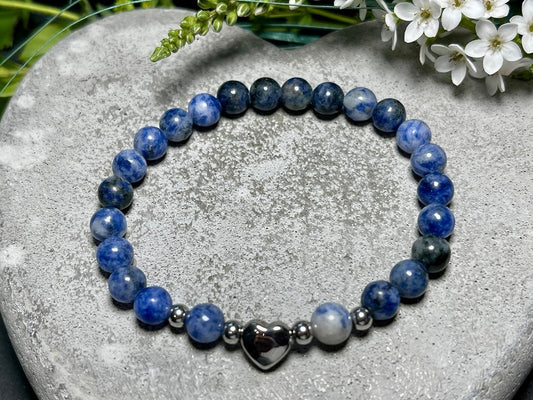Armband Sodalith Herz Edelstahl Silber - Perlenarmband Mut Ausdauer Selbstvertrauen - Spiritueller Schmuck Damen Mädchen