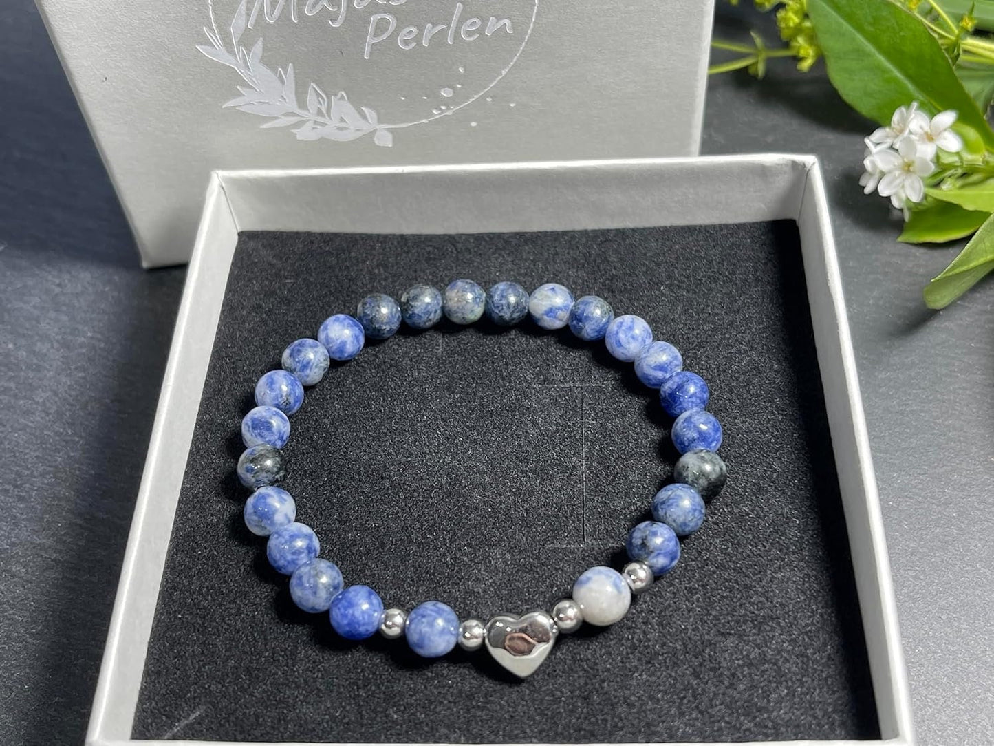 Armband Sodalith Herz Edelstahl Silber - Perlenarmband Mut Ausdauer Selbstvertrauen - Spiritueller Schmuck Damen Mädchen