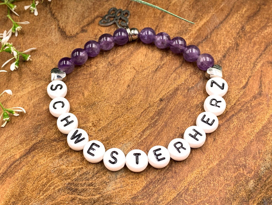 Armband Amethyst Schwesterherz Herzen Messing Platiniert - Geschenk Kleine Schwester Großer Bruder Geburt Geschwisterkind - personalisierbar