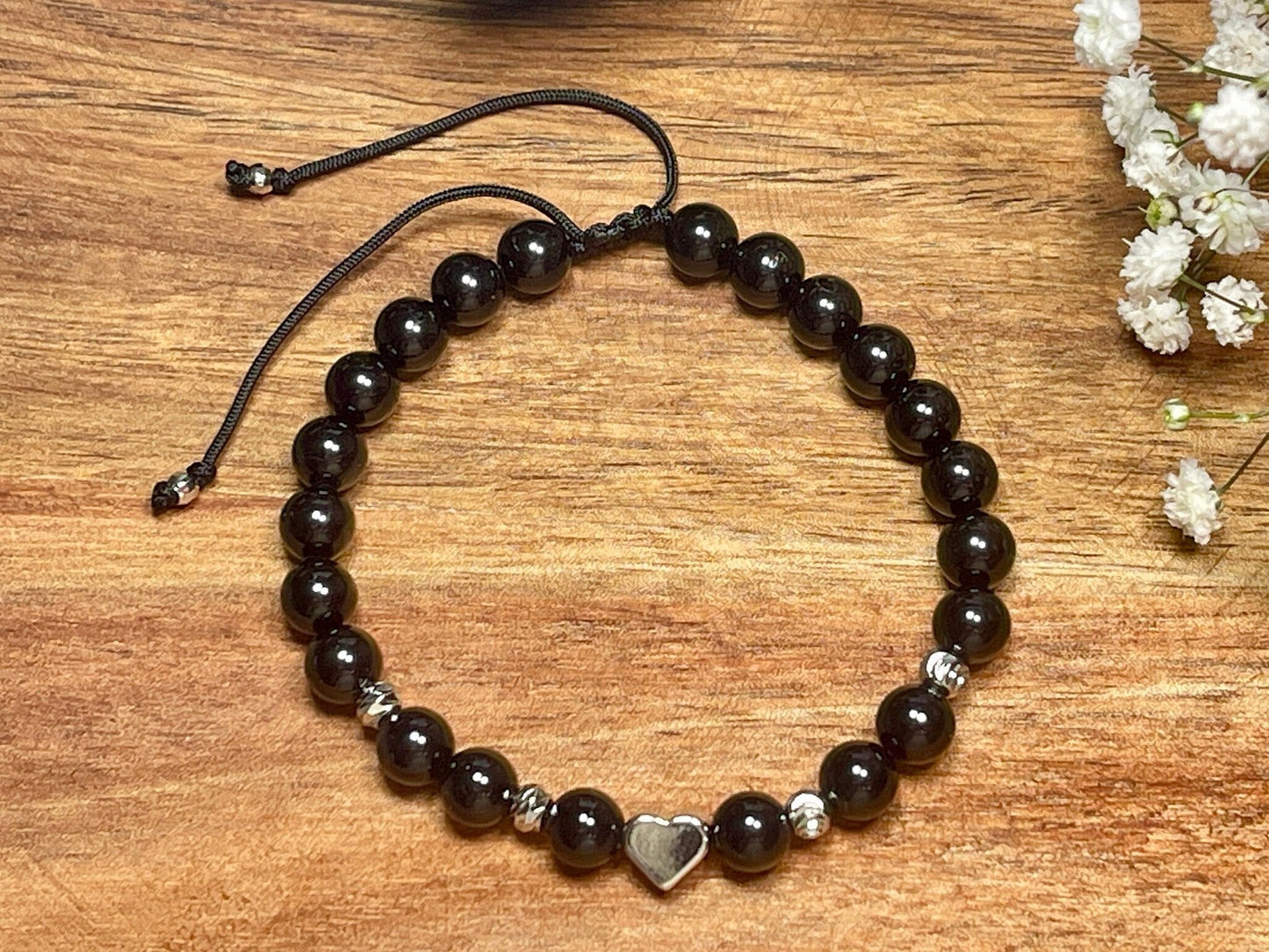 Perlenarmband Turmalin Makramee - Herz Perle echt Platiniert - Perlenarmband starker Schutzstein - personalisierbar - viele Edelsteine