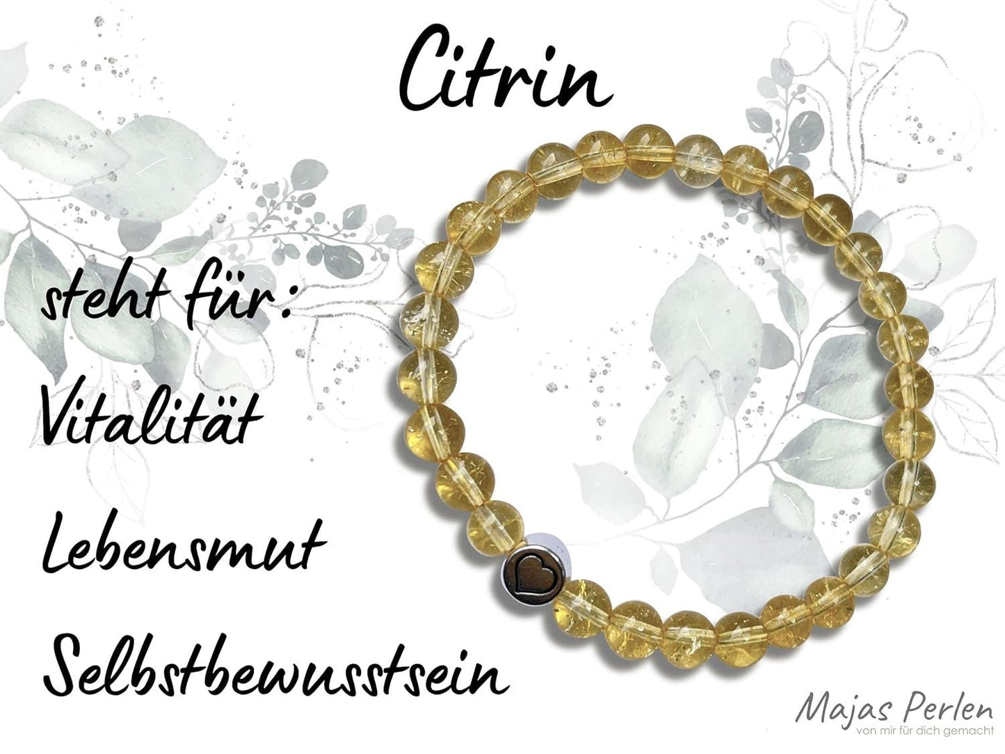 Armband Citrin echter Naturstein mit Herz DQ - Silber Gold Roségold Gunmetal - spirituelles Armband - Geschenk Liebe Glück Freundin