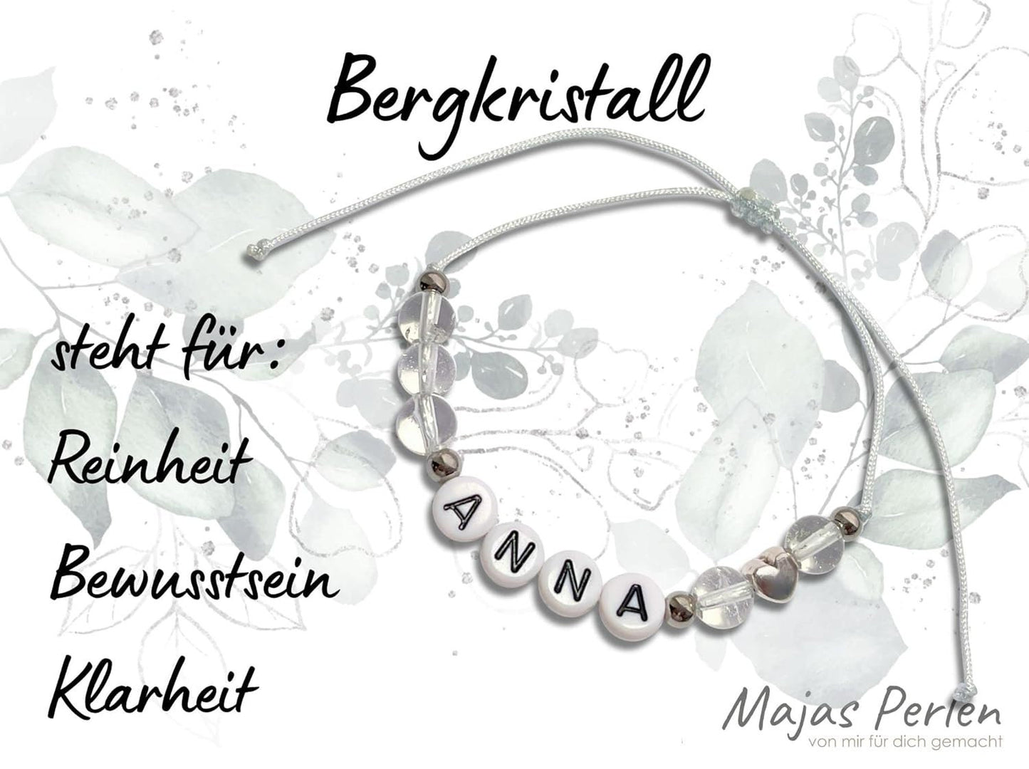 Majas Perlen Armband mit Namen Bergkristall Herz DQ - alle Größen einstellbar XS bis XXL - echte Edelsteine und Edelstahl - Unisex