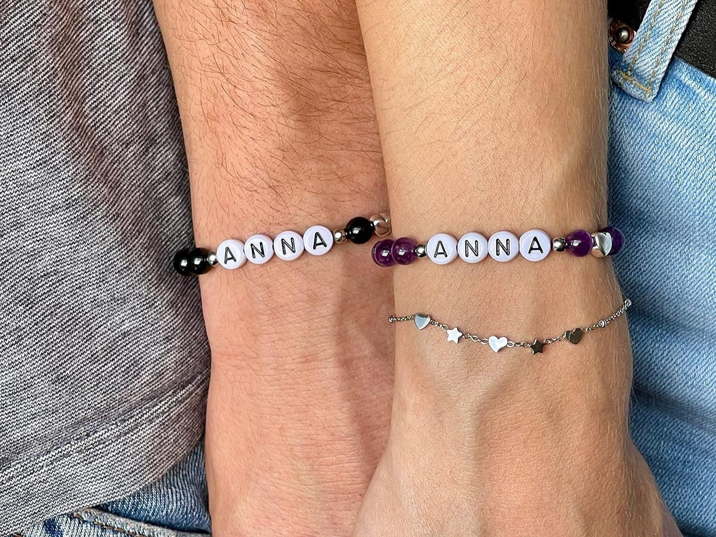 Majas Perlen Armband mit Namen Bergkristall Herz DQ - alle Größen einstellbar XS bis XXL - echte Edelsteine und Edelstahl - Unisex