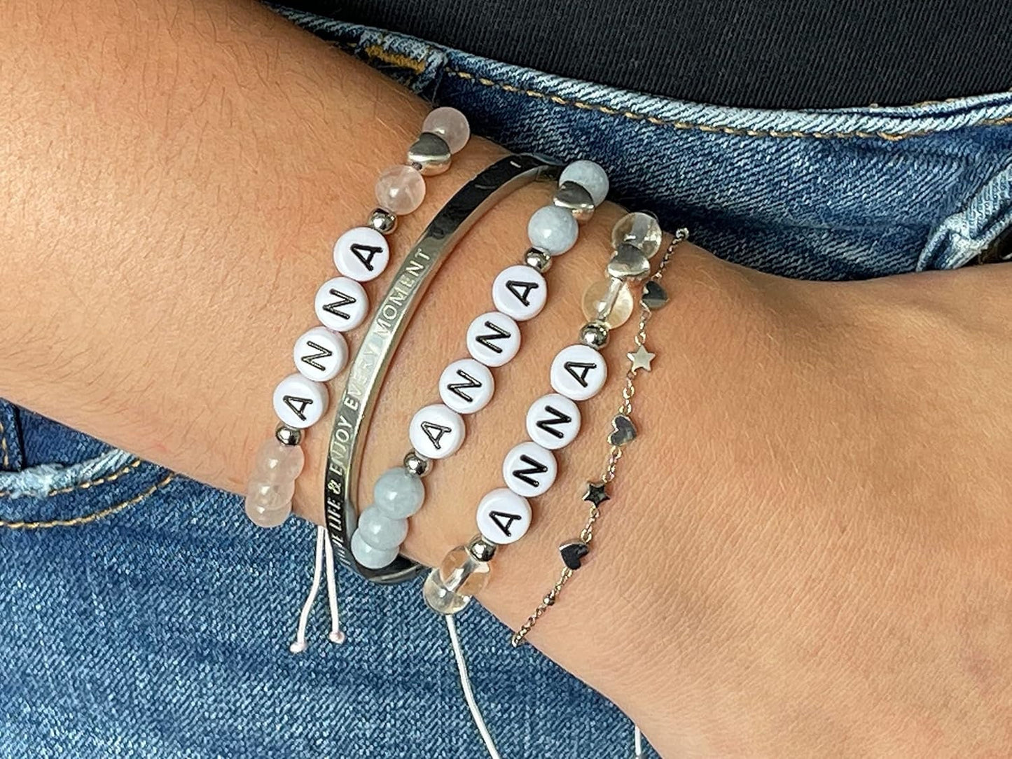 Majas Perlen Armband mit Namen Mondstein Herz DQ - alle Größen einstellbar XS bis XXL - echte Edelsteine und Edelstahl - Unisex