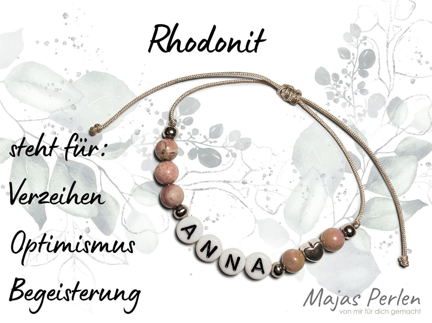 Majas Perlen Armband mit Namen Rhodonit Herz DQ - alle Größen einstellbar XS bis XXL - echte Edelsteine und Edelstahl - Unisex