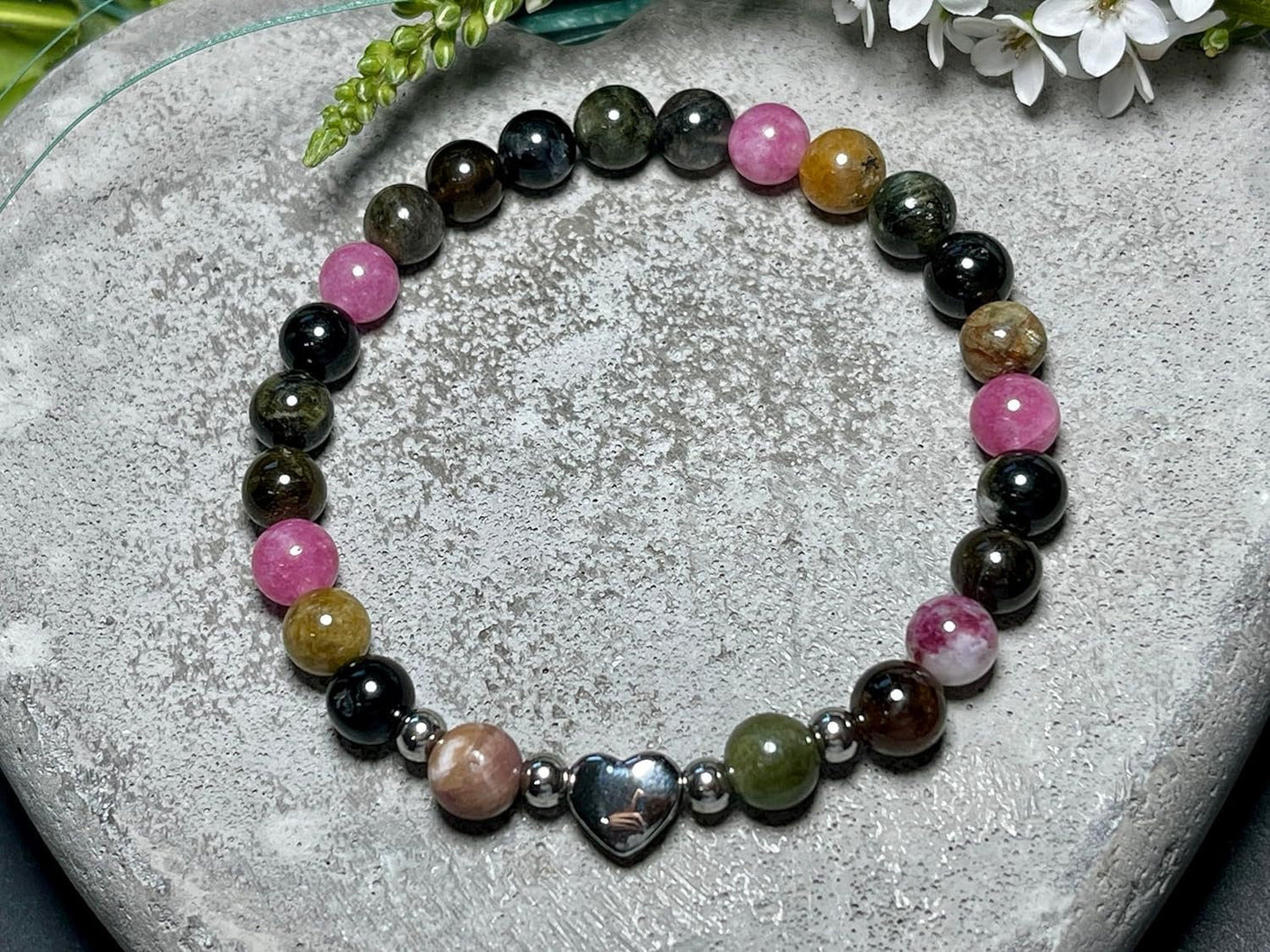 Armband Wassermelonen Turmalin Herz Edelstahl Silber - Perlenarmband Liebe Freude Verständnis - Spiritueller Schmuck Damen Mädchen