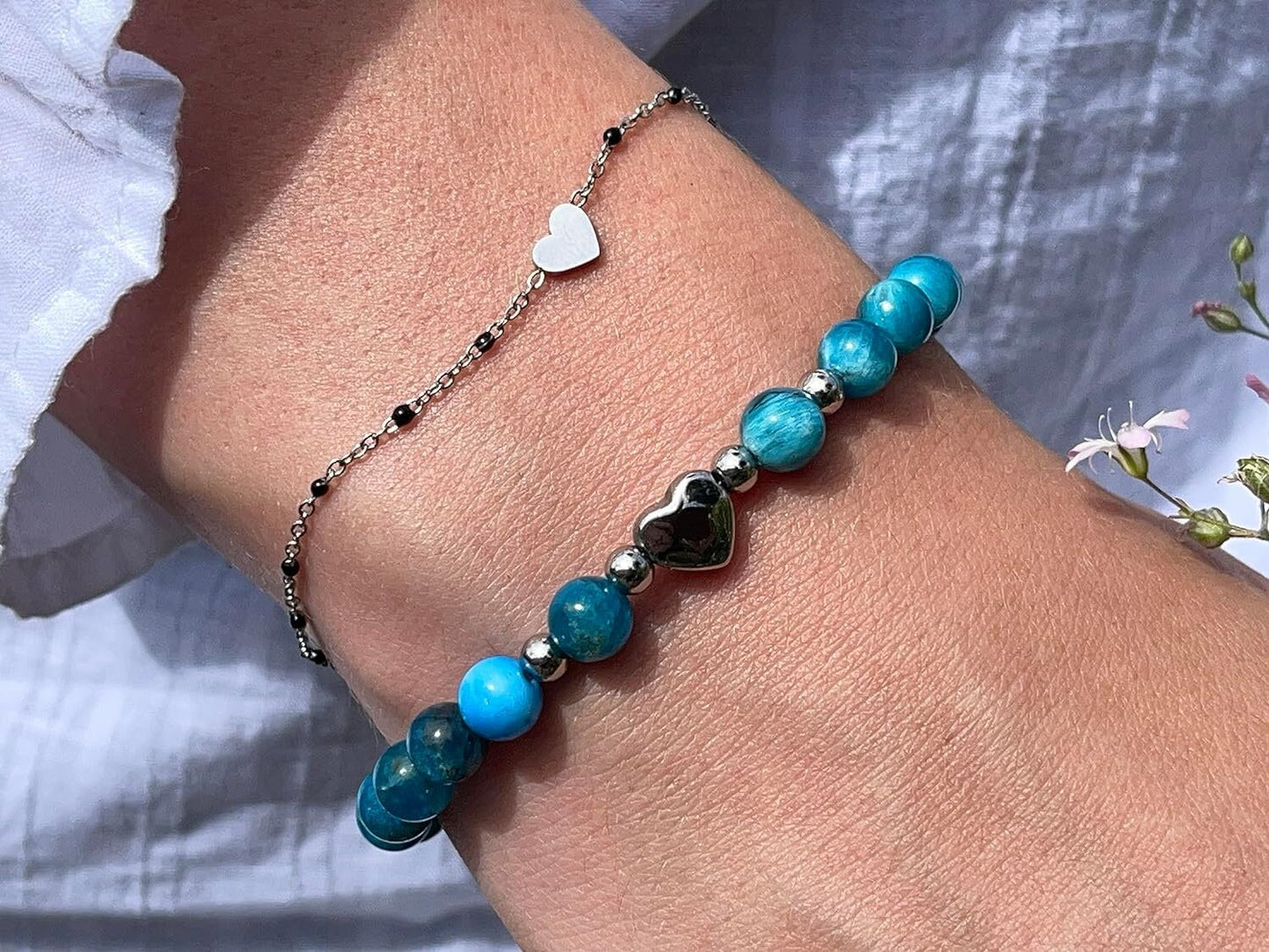 Armband Apatit Herz Edelstahl Silber - Perlenarmband Offenheit Lebendigkeit Kontaktfreude - Spiritueller Schmuck Damen Mädchen