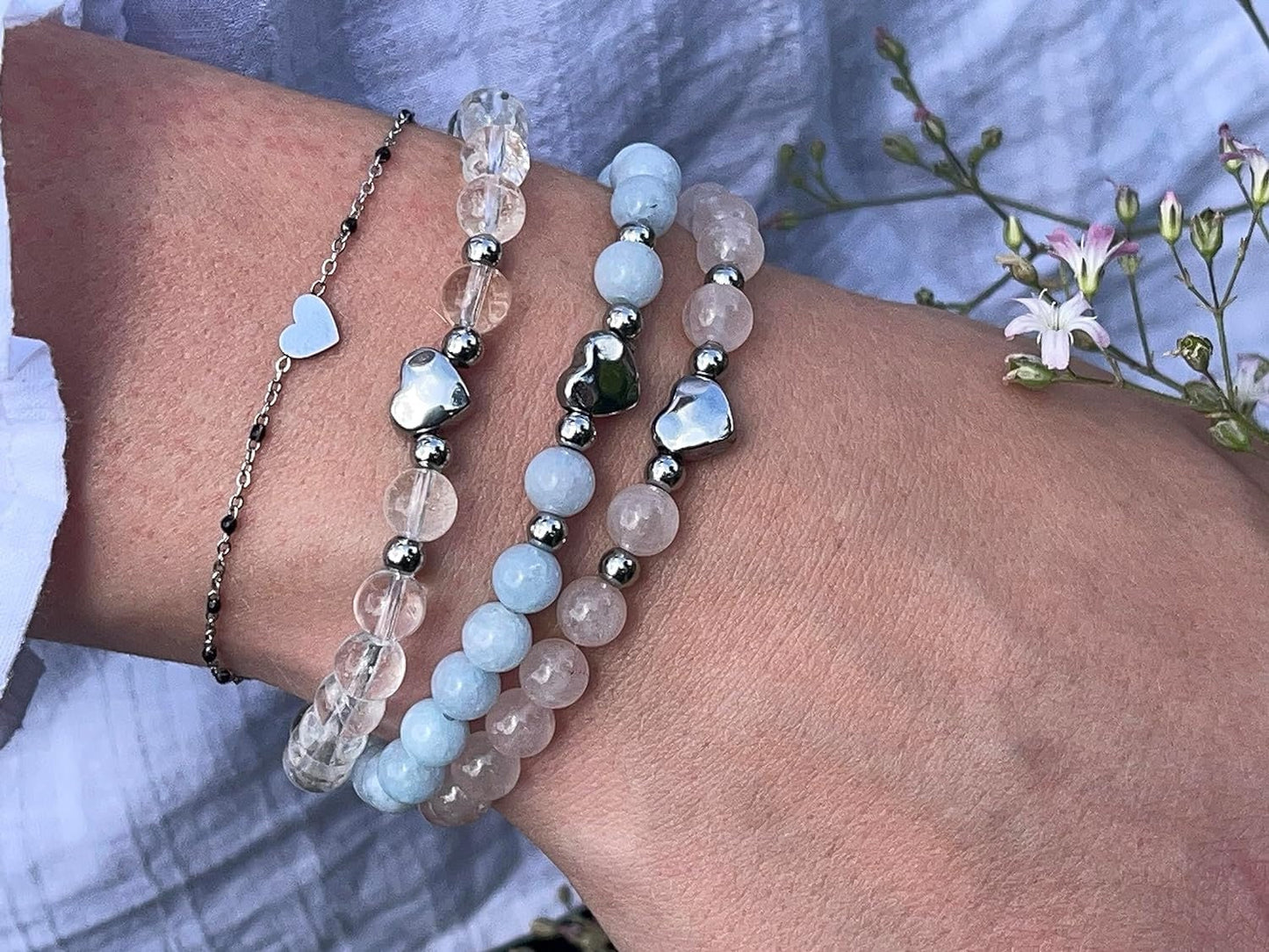 Armband Aquamarin Herz Edelstahl Silber - Perlenarmband Selbstbewusstsein Liebe Glück Frieden - Spiritueller Schmuck Damen Mädchen