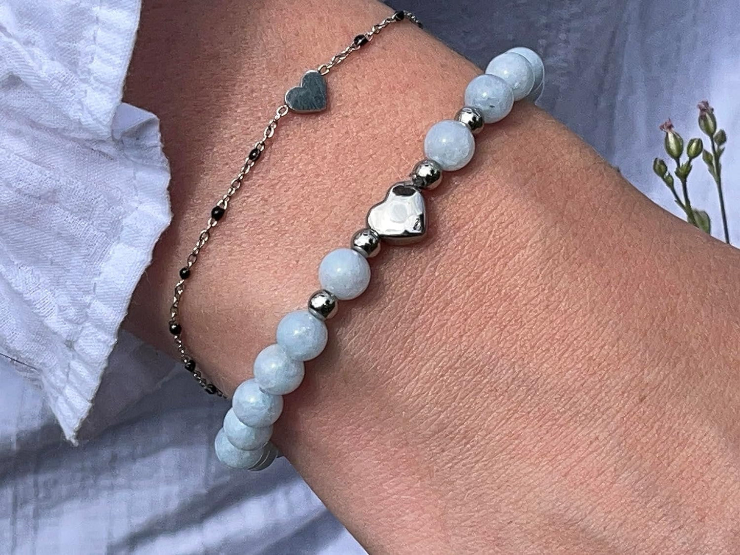 Armband Aquamarin Herz Edelstahl Silber - Perlenarmband Selbstbewusstsein Liebe Glück Frieden - Spiritueller Schmuck Damen Mädchen