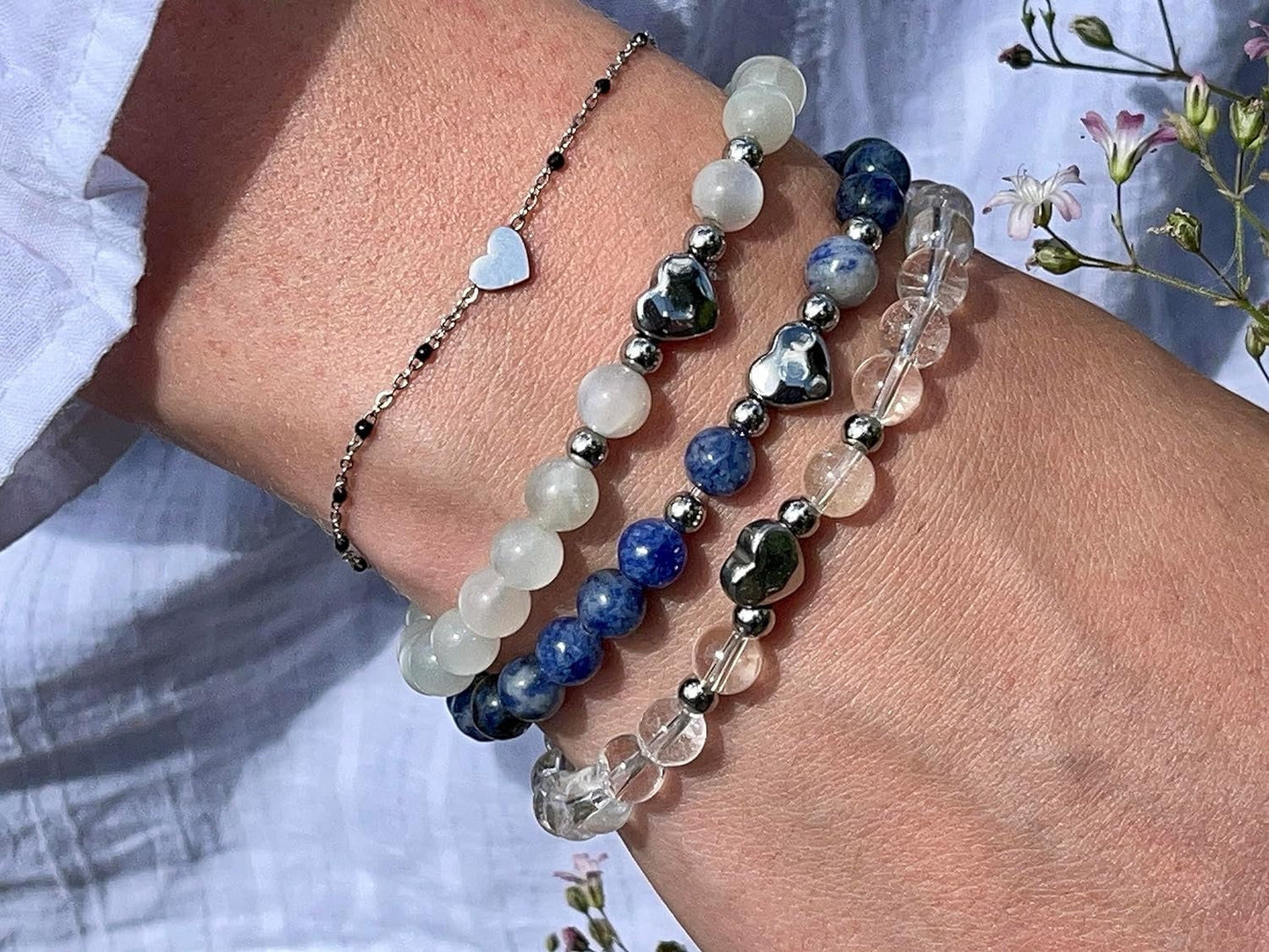 Armband Bergkristall Herz Edelstahl Silber - Perlenarmband Selbstbewusstsein Liebe Glück Frieden - Spiritueller Schmuck Damen Mädchen