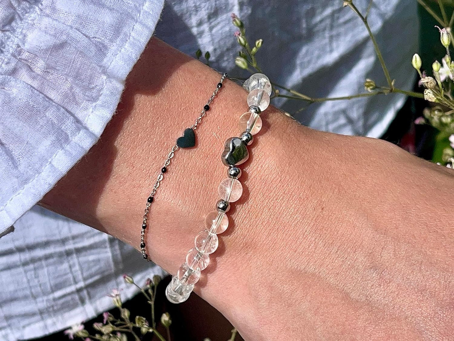 Armband Bergkristall Herz Edelstahl Silber - Perlenarmband Selbstbewusstsein Liebe Glück Frieden - Spiritueller Schmuck Damen Mädchen