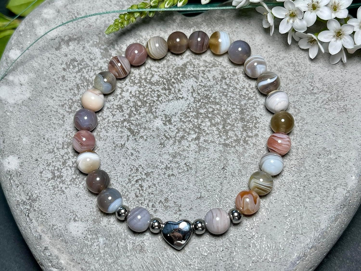 Armband Botswana Achat Herz Edelstahl Silber - Perlenarmband Willenskraft Optimismus Zuversicht - Spiritueller Schmuck Damen Mädchen