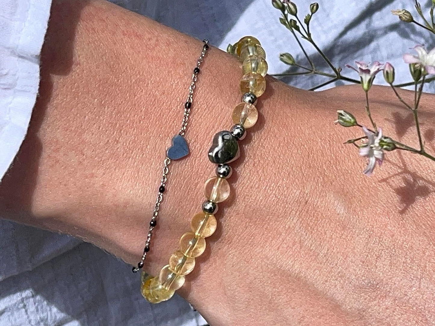 Armband Citrin Herz Edelstahl Silber - Perlenarmband Selbstbewusstsein Vitalität Lebensmut Selbstbewusstsein - Spiritueller Schmuck Damen