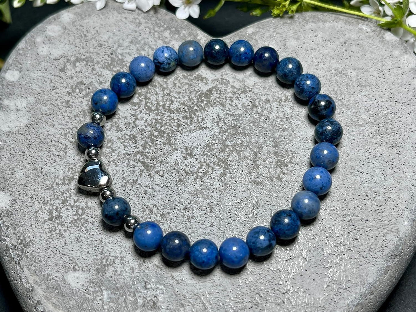 Armband Dumortierit Herz Edelstahl Silber - Perlenarmband Mut Geduld Zuversicht - Spiritueller Schmuck Damen Mädchen