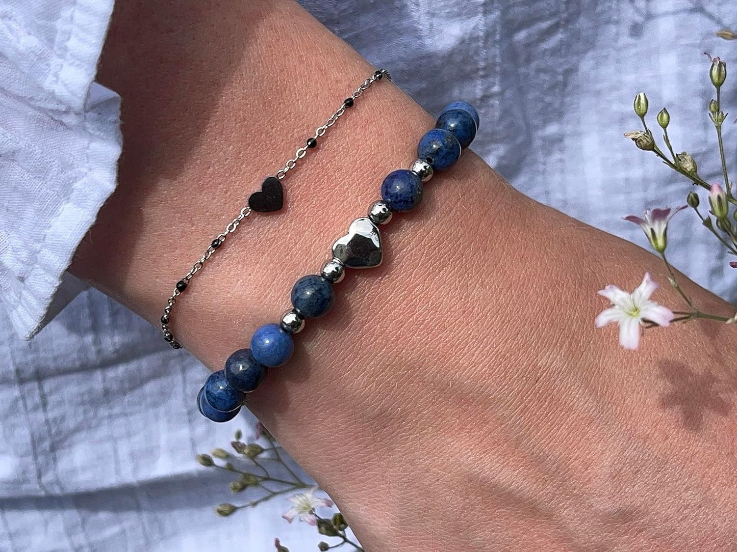 Armband Dumortierit Herz Edelstahl Silber - Perlenarmband Mut Geduld Zuversicht - Spiritueller Schmuck Damen Mädchen