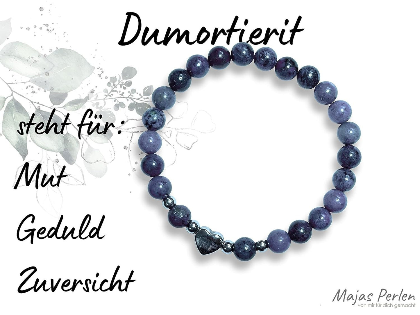 Armband Dumortierit Herz Edelstahl Silber - Perlenarmband Mut Geduld Zuversicht - Spiritueller Schmuck Damen Mädchen