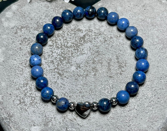 Armband Dumortierit Herz Edelstahl Silber - Perlenarmband Mut Geduld Zuversicht - Spiritueller Schmuck Damen Mädchen