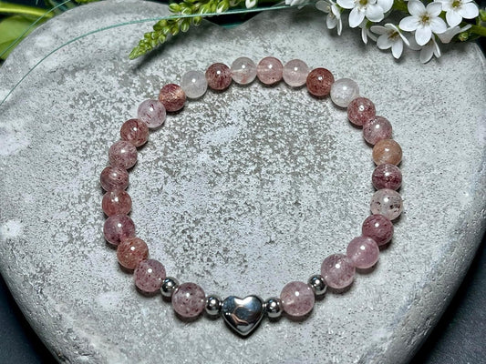 Armband Erdbeerquarz Herz Edelstahl Silber - Perlenarmband Konzentration Lebensfreude Humor - Spiritueller Schmuck Damen Mädchen