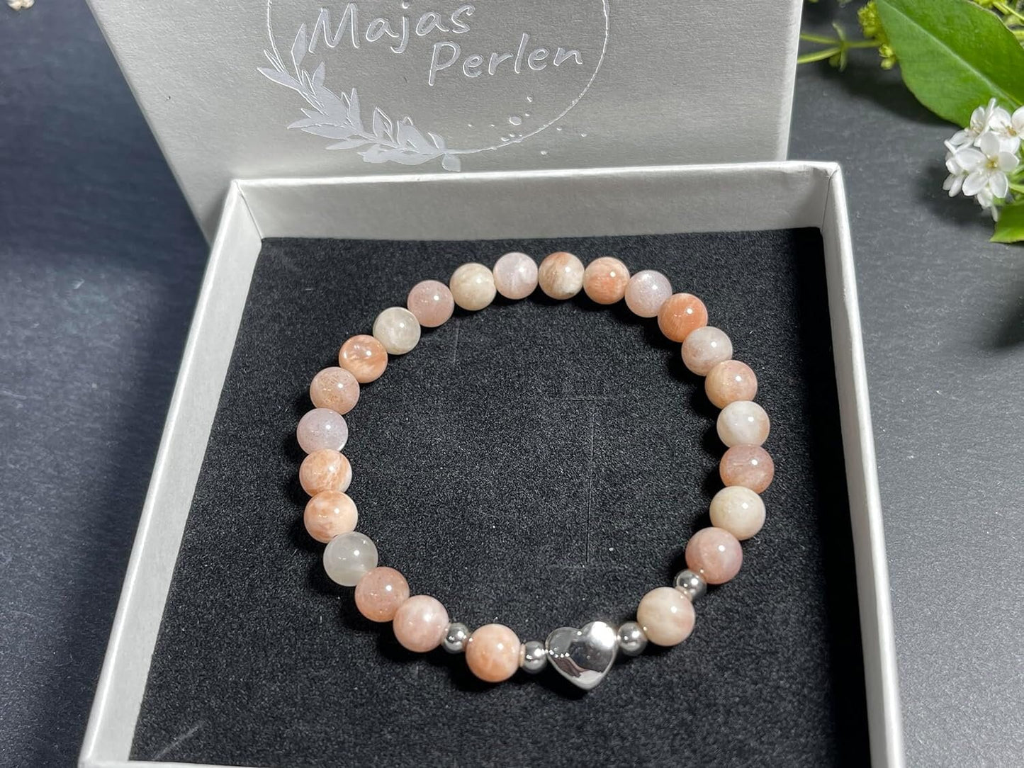 Armband Mondstein Sonnenstein Mix Herz Edelstahl Silber - Perlenarmband Weiblichkeit Heiterkeit Herzenswärme - Spiritueller Schmuck Damen