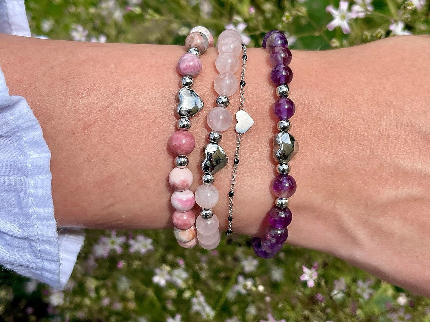 Armband Rosenquarz Herz Edelstahl Silber - Perlenarmband Liebe Freundschaft Romantik - Spiritueller Schmuck Damen Mädchen