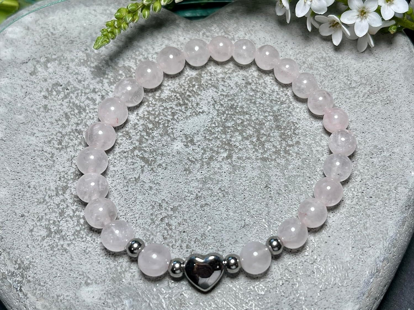 Armband Rosenquarz Herz Edelstahl Silber - Perlenarmband Liebe Freundschaft Romantik - Spiritueller Schmuck Damen Mädchen