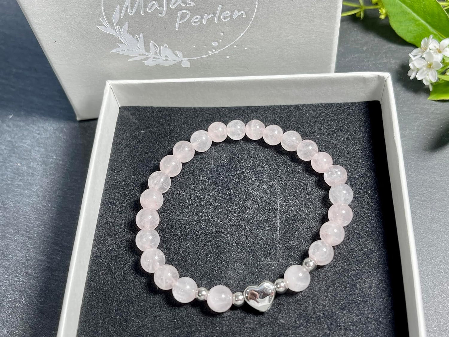 Armband Rosenquarz Herz Edelstahl Silber - Perlenarmband Liebe Freundschaft Romantik - Spiritueller Schmuck Damen Mädchen