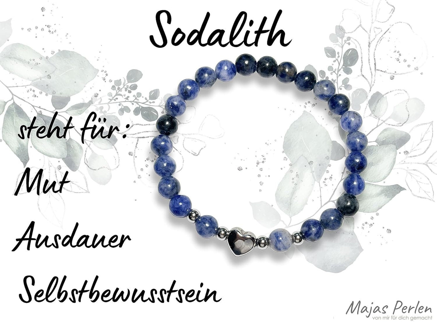 Armband Sodalith Herz Edelstahl Silber - Perlenarmband Mut Ausdauer Selbstvertrauen - Spiritueller Schmuck Damen Mädchen