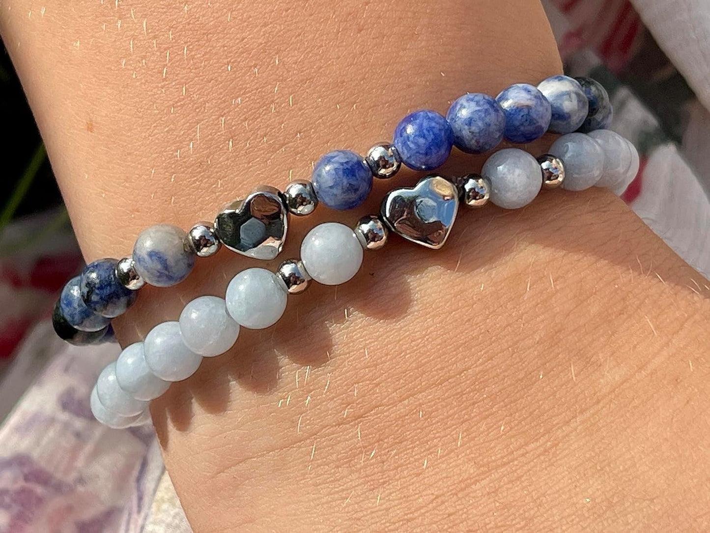Armband Sodalith Herz Edelstahl Silber - Perlenarmband Mut Ausdauer Selbstvertrauen - Spiritueller Schmuck Damen Mädchen