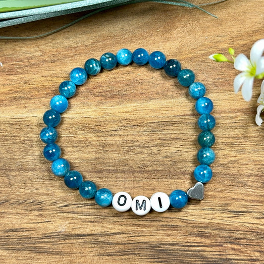 Armband Apatit mit Namen echte Naturperlen Herz platiniert - Namensarmband Geschenk Mama Geburt Freundin Lieblingsmensch - personalisierbar