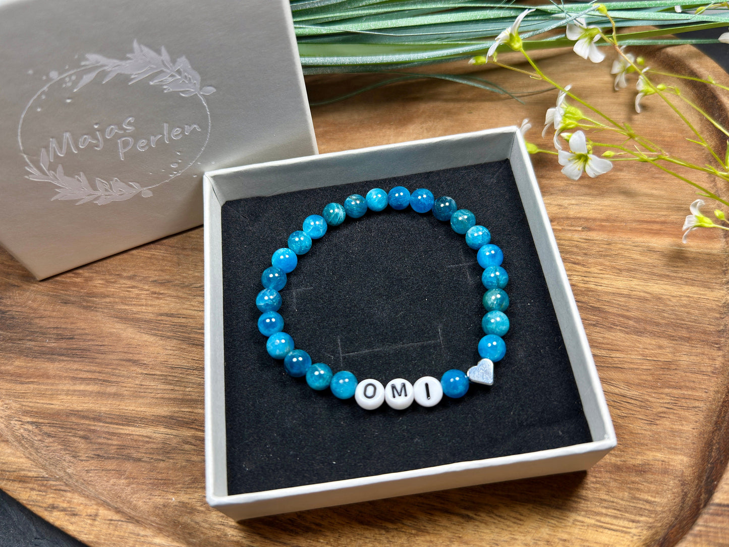 Armband Apatit mit Namen echte Naturperlen Herz platiniert - Namensarmband Geschenk Mama Geburt Freundin Lieblingsmensch - personalisierbar