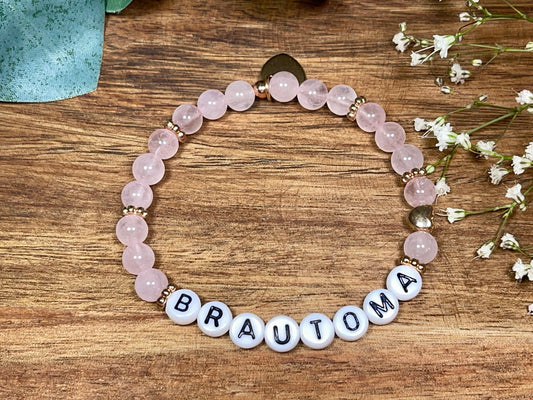 Perlenarmband Brautoma Rosenquarz echter Naturstein Herz  Roségold - Geschenk Braut Trauzeugin Erinnerungsarmband Hochzeit personalisierbar