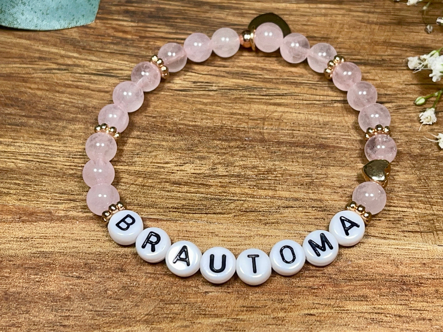 Perlenarmband Brautoma Rosenquarz echter Naturstein Herz  Roségold - Geschenk Braut Trauzeugin Erinnerungsarmband Hochzeit personalisierbar