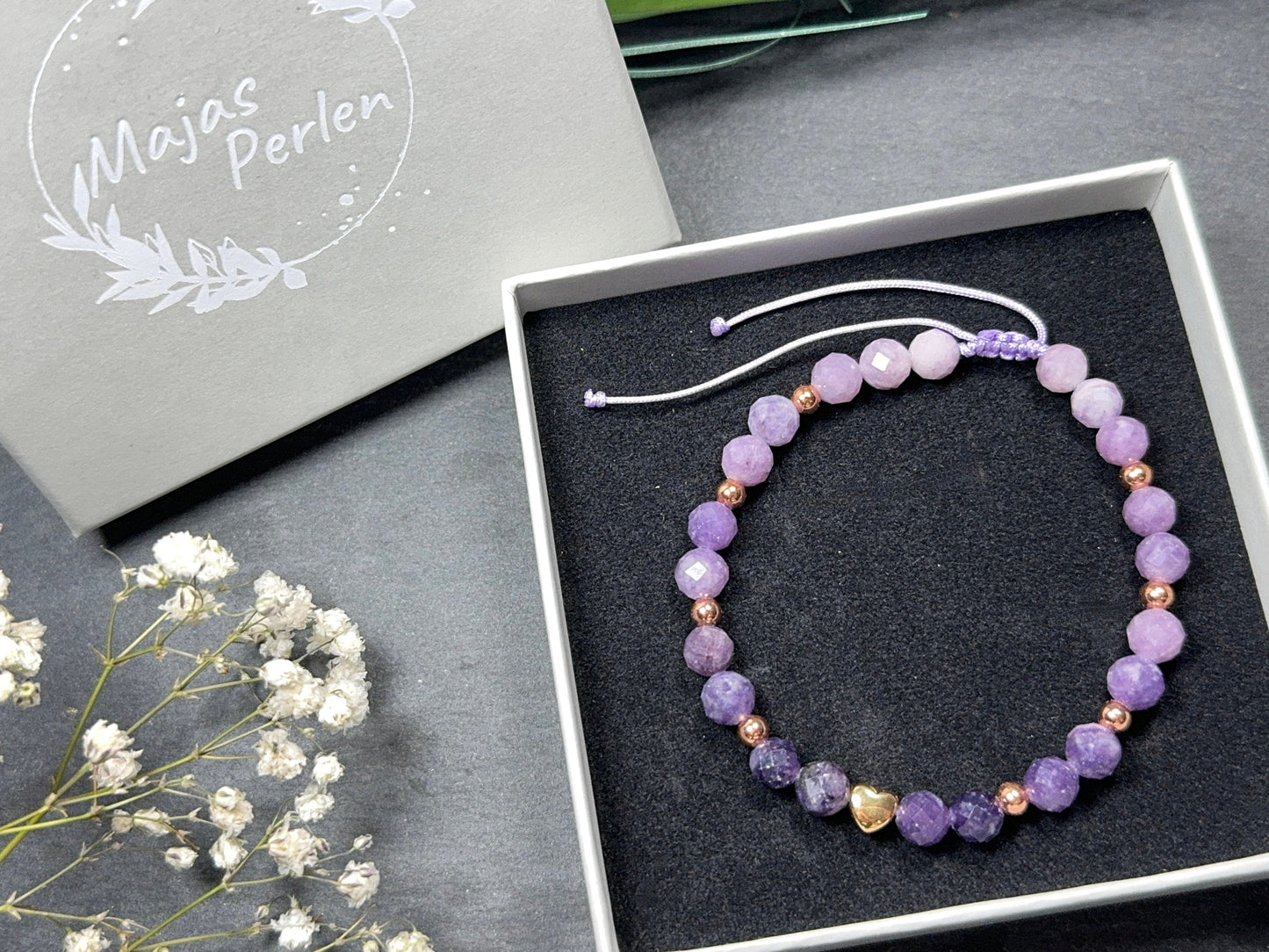 Perlenarmband Sugilith echter Naturstein Farbverlauf Makramee - Herz DQ Roségold - esoterisches Armband Schutz emotionale Heilung