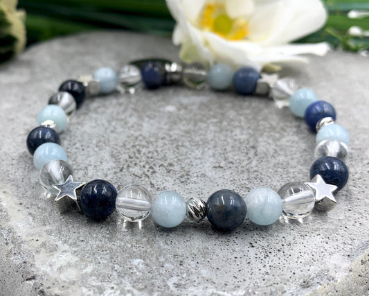 Armband Mix Bergkristall Dumortierit Aquamarin - echt platinierte Sterne & Perlen - Perlenarmband Stress Abbau Kommunikation Wohlbefinden