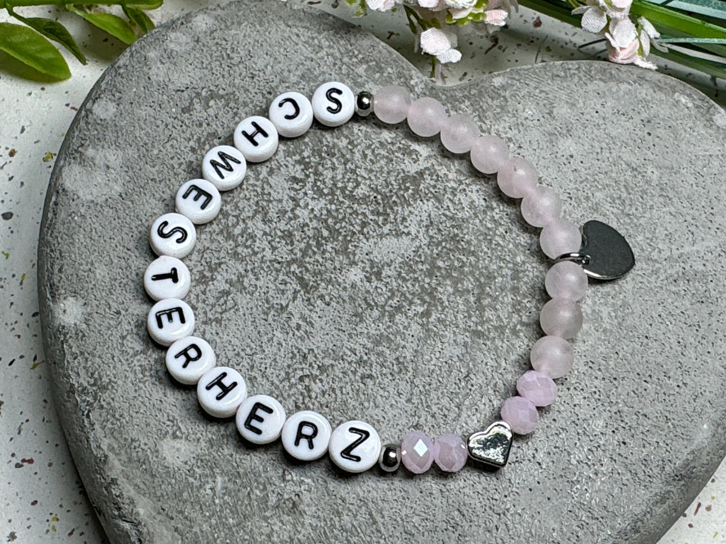 Armband Schwesterherz Rosenquarz Herz platiniert Facettenperlen - Geschenk Familie Geburt Geschwisterkind Little Sister