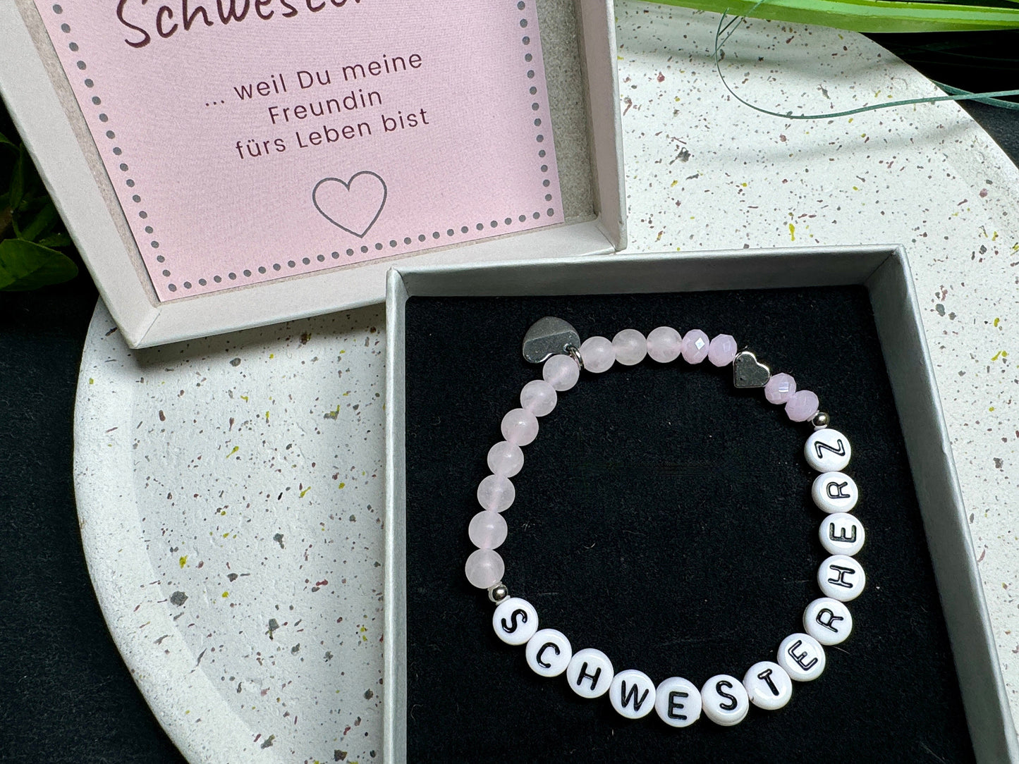 Armband Schwesterherz Rosenquarz Herz platiniert Facettenperlen - Geschenk Familie Geburt Geschwisterkind Little Sister