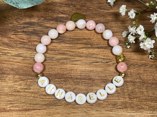 Armband mit Namen Rosa Opal - Kindernamen - Herz DQ Metall Gold - Geschenk für Mama Lieblingsmensch Beste Freundin - pesonalisierbar