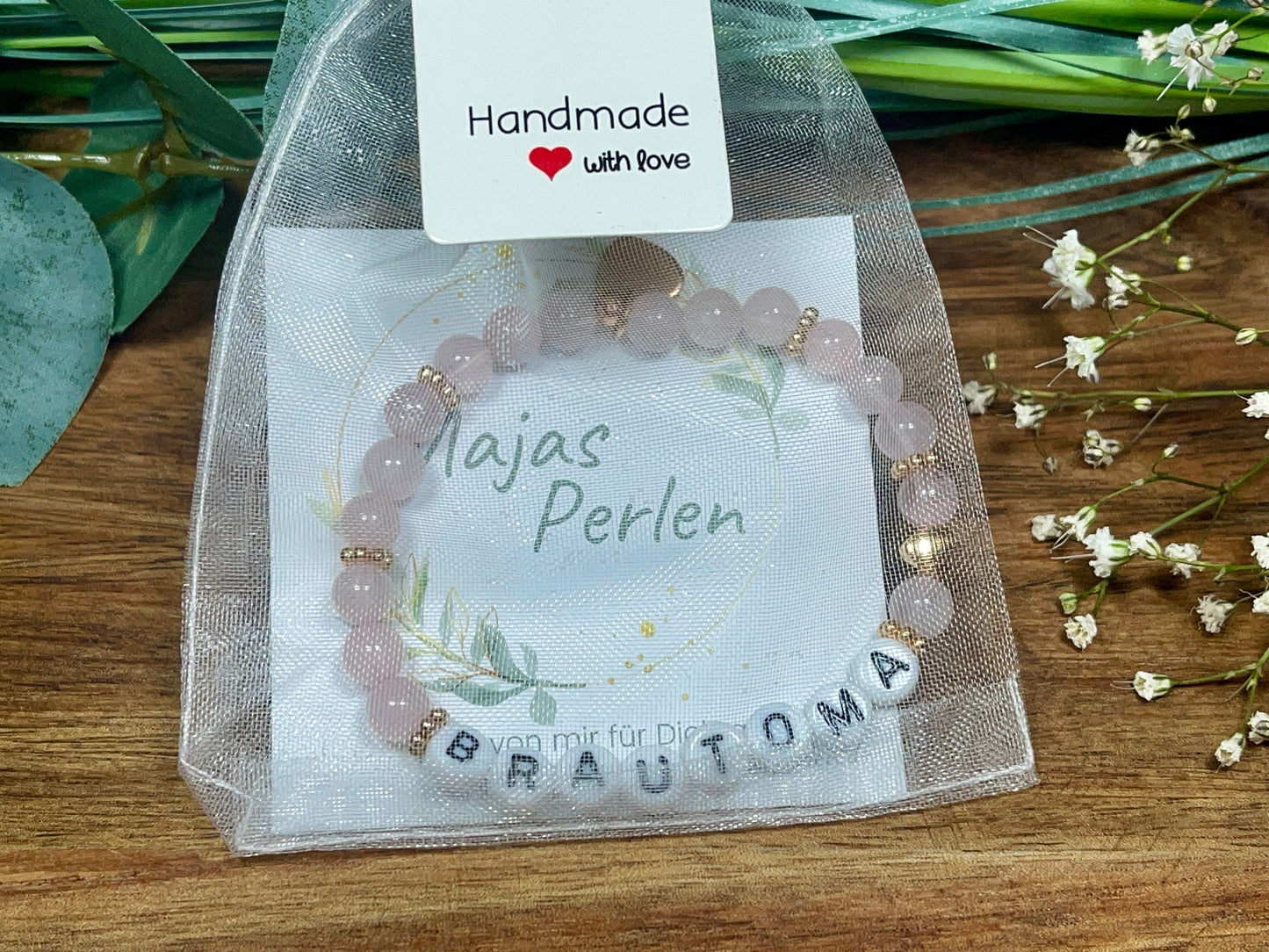 Perlenarmband Brautoma Rosenquarz echter Naturstein Herz  Roségold - Geschenk Braut Trauzeugin Erinnerungsarmband Hochzeit personalisierbar