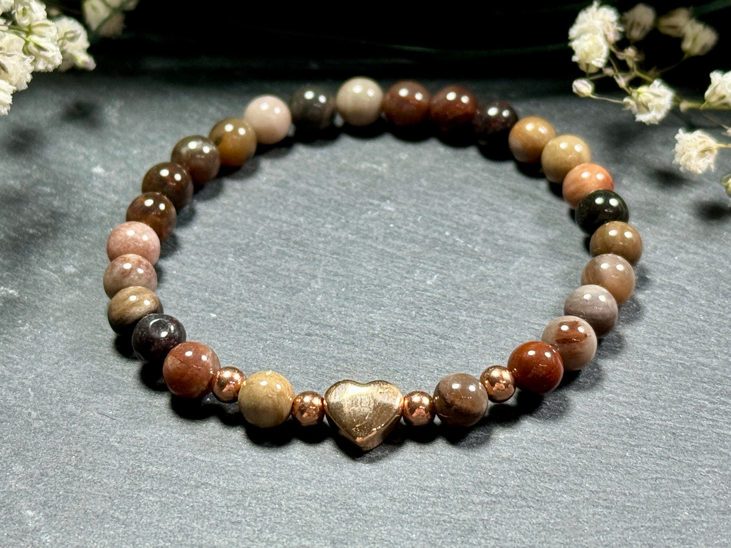 Armband Versteinertes Holz Herz Edelstahl Roségold - Perlenarmband Kraft Lebensfreude Erdung Erholung - Spiritueller Schmuck Damen Mädchen