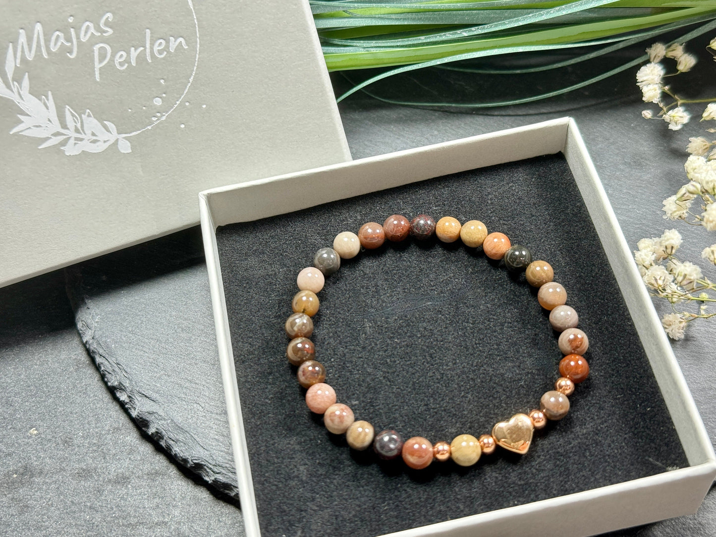 Armband Versteinertes Holz Herz Edelstahl Roségold - Perlenarmband Kraft Lebensfreude Erdung Erholung - Spiritueller Schmuck Damen Mädchen