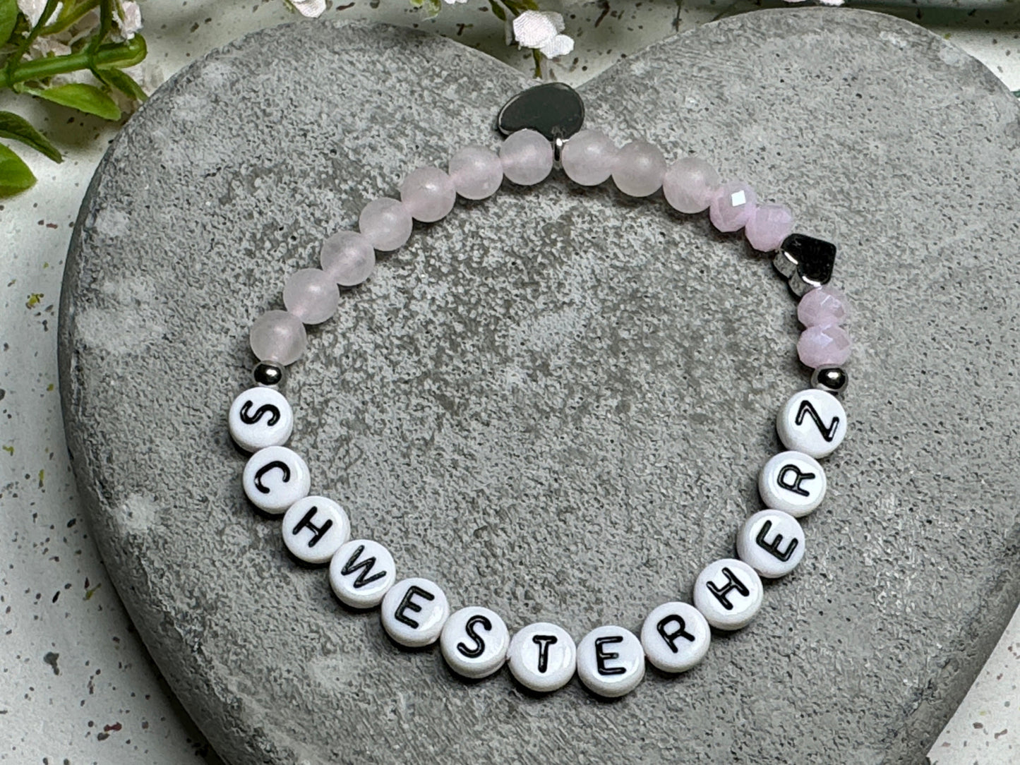 Armband Schwesterherz Rosenquarz Herz platiniert Facettenperlen - Geschenk Familie Geburt Geschwisterkind Little Sister