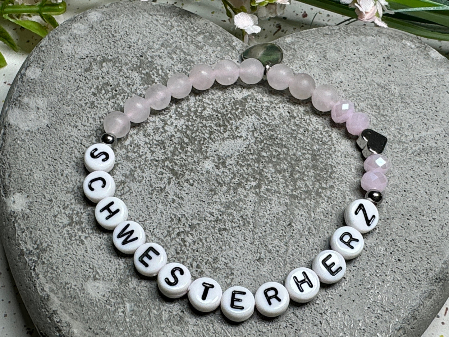 Armband Schwesterherz Rosenquarz Herz platiniert Facettenperlen - Geschenk Familie Geburt Geschwisterkind Little Sister