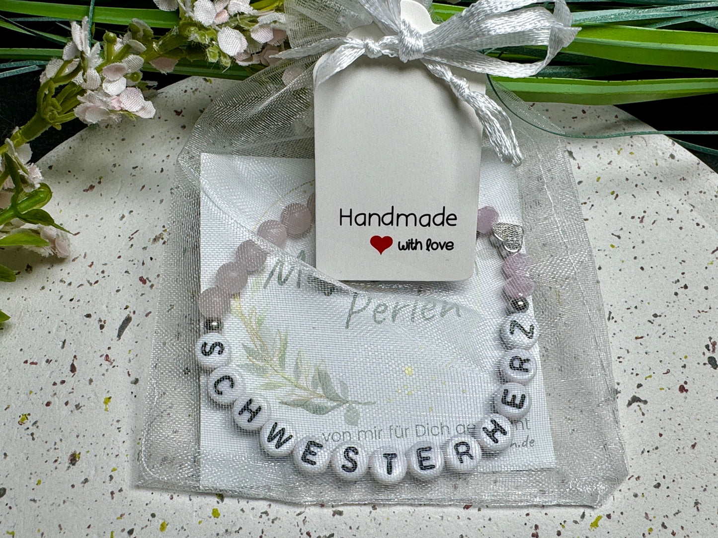 Armband Schwesterherz Rosenquarz Herz platiniert Facettenperlen - Geschenk Familie Geburt Geschwisterkind Little Sister