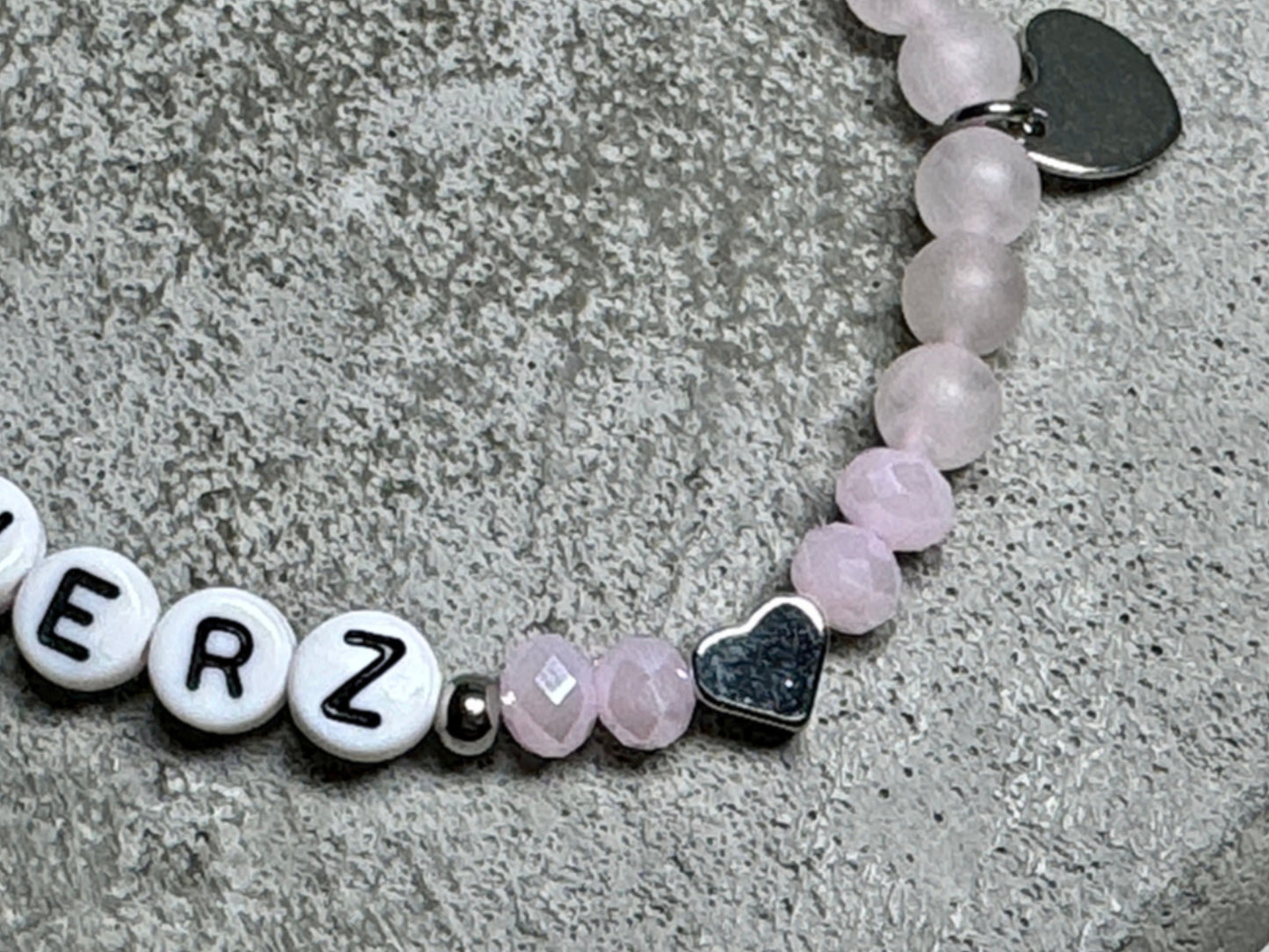 Armband Schwesterherz Rosenquarz Herz platiniert Facettenperlen - Geschenk Familie Geburt Geschwisterkind Little Sister
