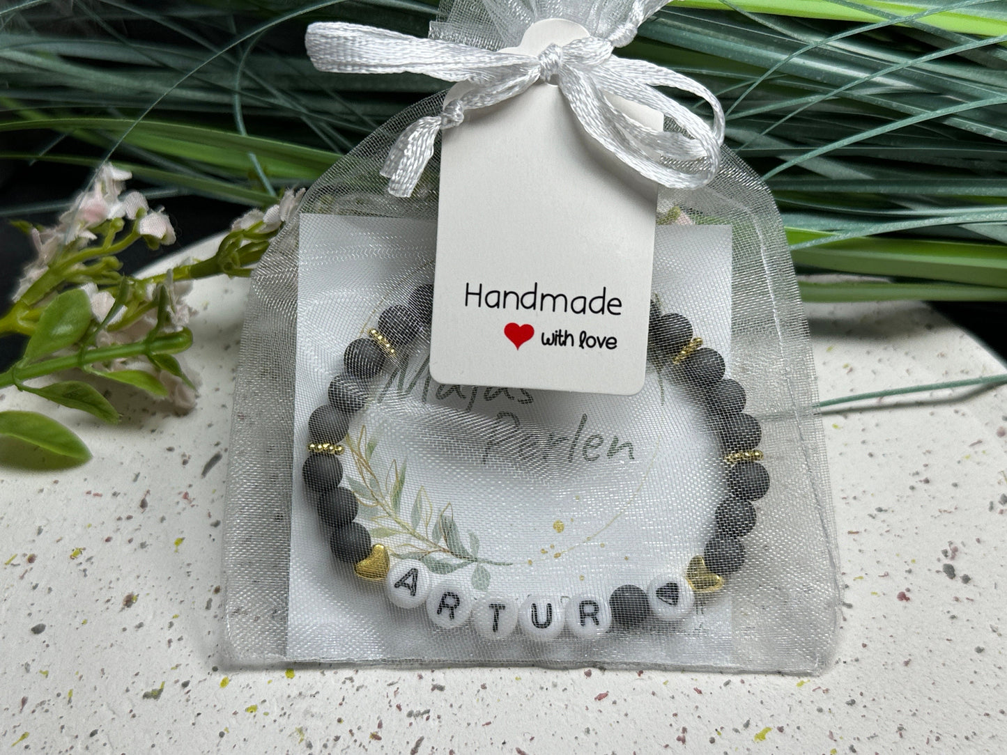 Armband mit Namen Acryl Anthrazit mit Gold - Geschenk Mama Freundschaft Kinderarmband personalisiert -  Wunschfarbe - viele Farben