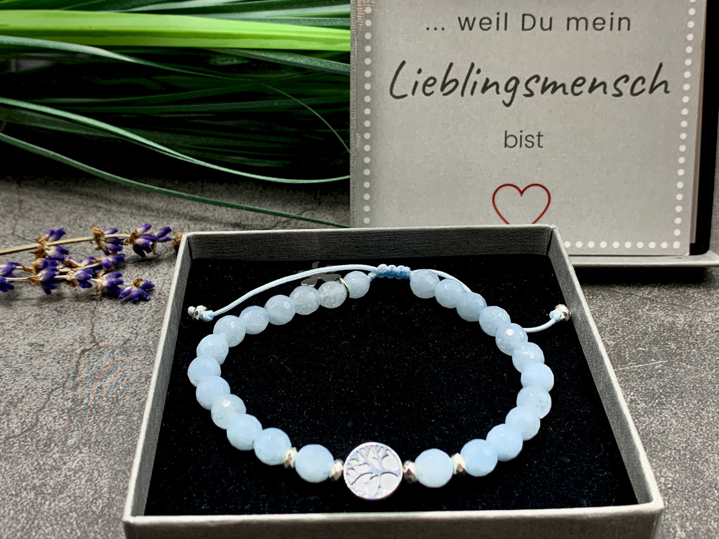Armband Aquamarin facettiert Lebensbaum Hämatit Makramee - Wunschedelstein - Geburtsstein März - Handmade personalisierbar