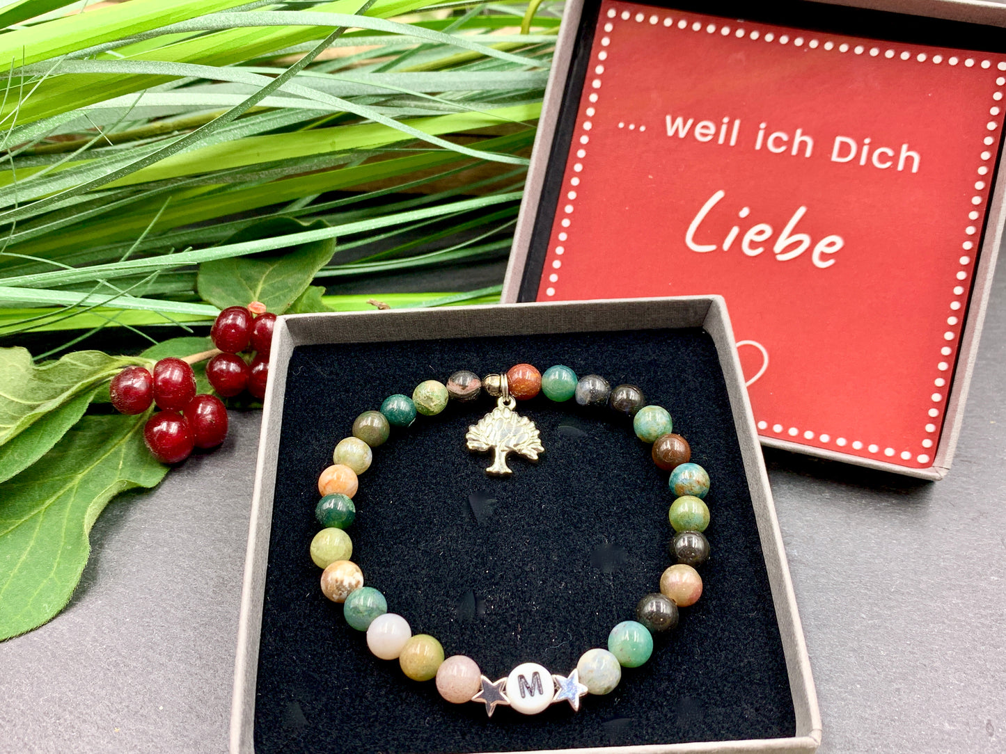 Armband Indischer Achat Initial Sterne echt platiniert, Buchstaben Armband nach Wunsch, Geschenk Name