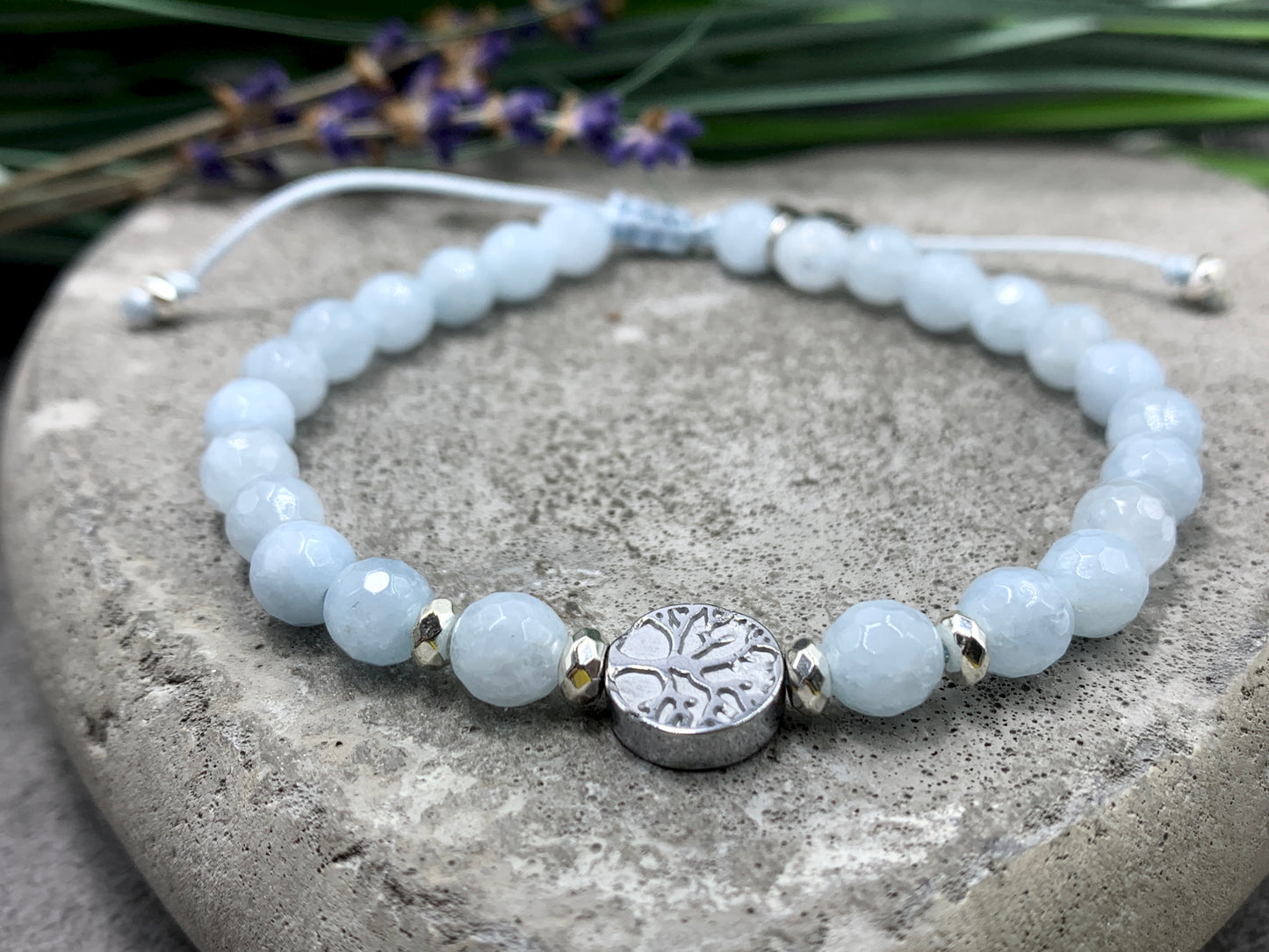 Armband Aquamarin facettiert Lebensbaum Hämatit Makramee - Wunschedelstein - Geburtsstein März - Handmade personalisierbar