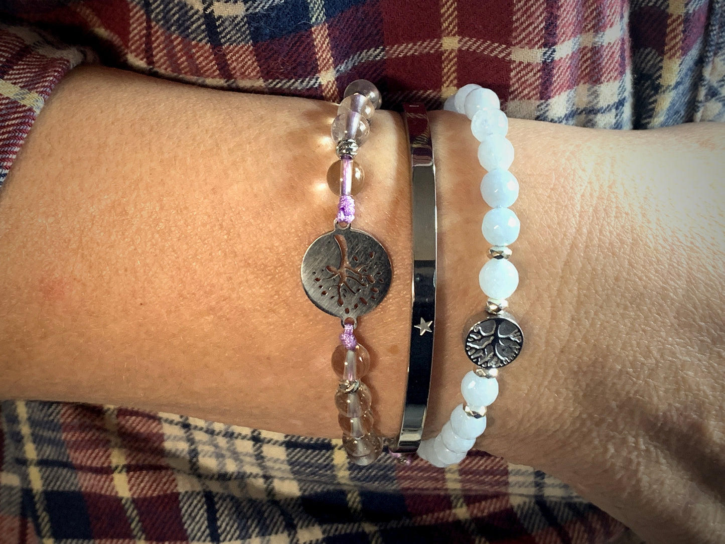 Armband Aquamarin facettiert Lebensbaum Hämatit Makramee - Wunschedelstein - Geburtsstein März - Handmade personalisierbar