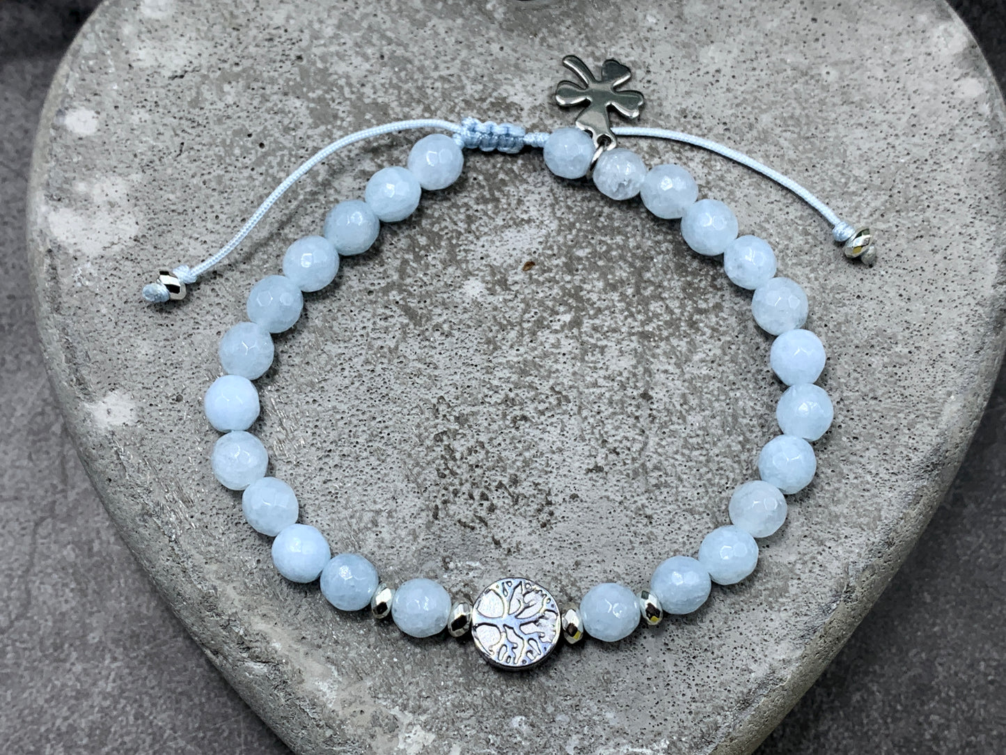 Armband Aquamarin facettiert Lebensbaum Hämatit Makramee - Wunschedelstein - Geburtsstein März - Handmade personalisierbar